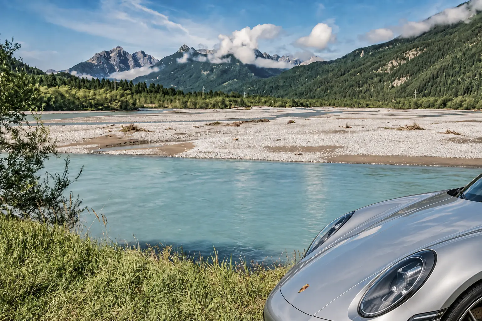 Silberner Porsche 911 am Lech vor alpinem Bergpanorama