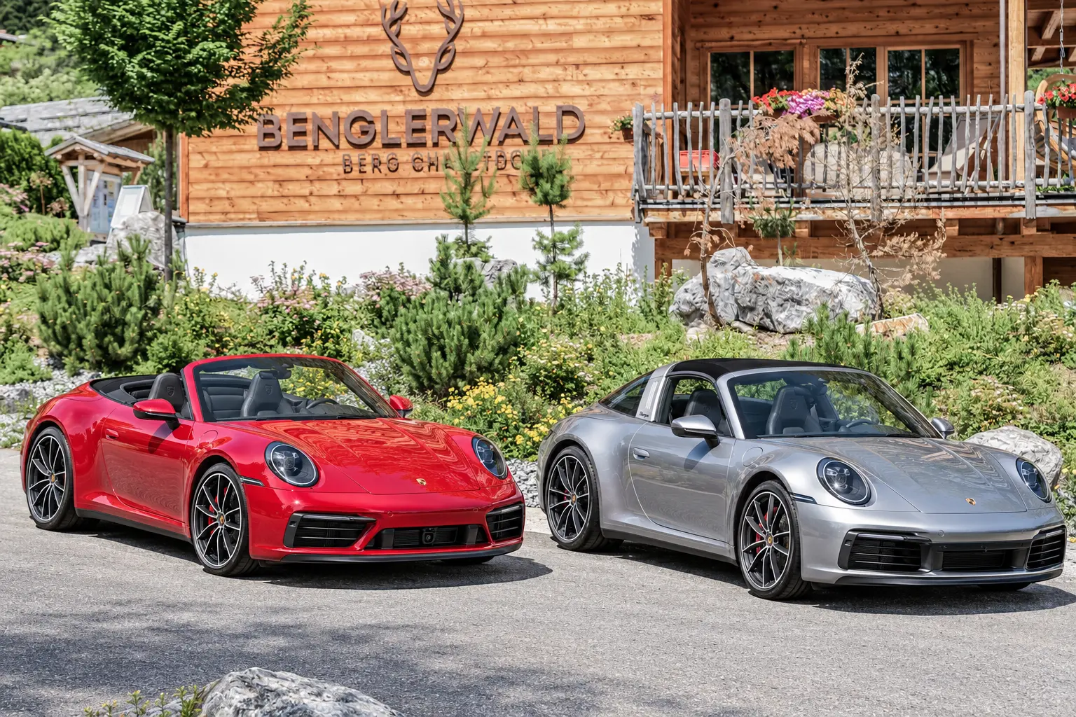 Roter und silberner Porsche 911 vor dem Benglerwald Chaletdorf